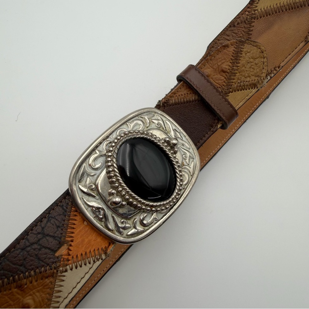 Vintage Tony Lama Patchwork Diamond Quilted Leather Belt Ornate Buckle Size 32 - Picture 5 of 14